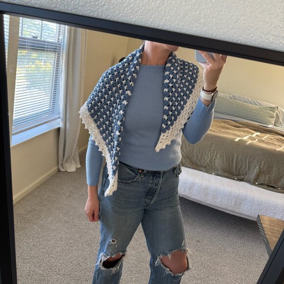 Handmade Crochet Coastal Grandma Square Triangle Knit Shawl - Picture 3 of 5